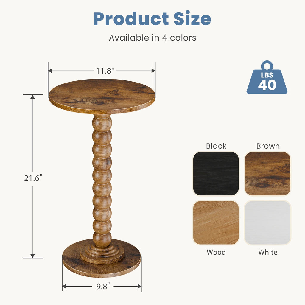 Wooden side table with dimensions and color options on a white background