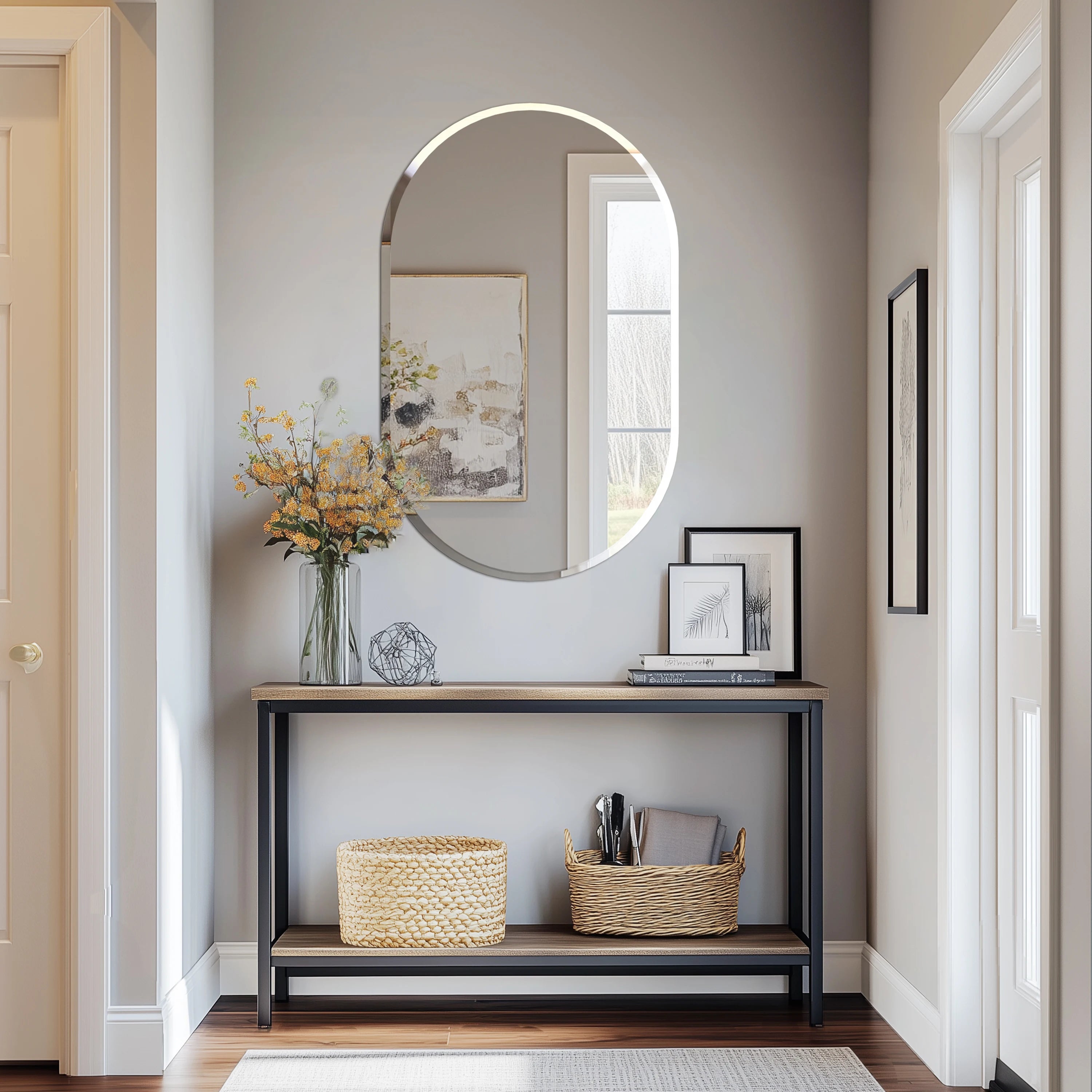 Frameless Beveled Oval Wall Mirror – Polished Silver Finish