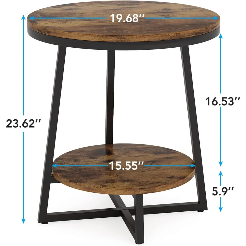 Wooden side table with dimensions labeled on a white background