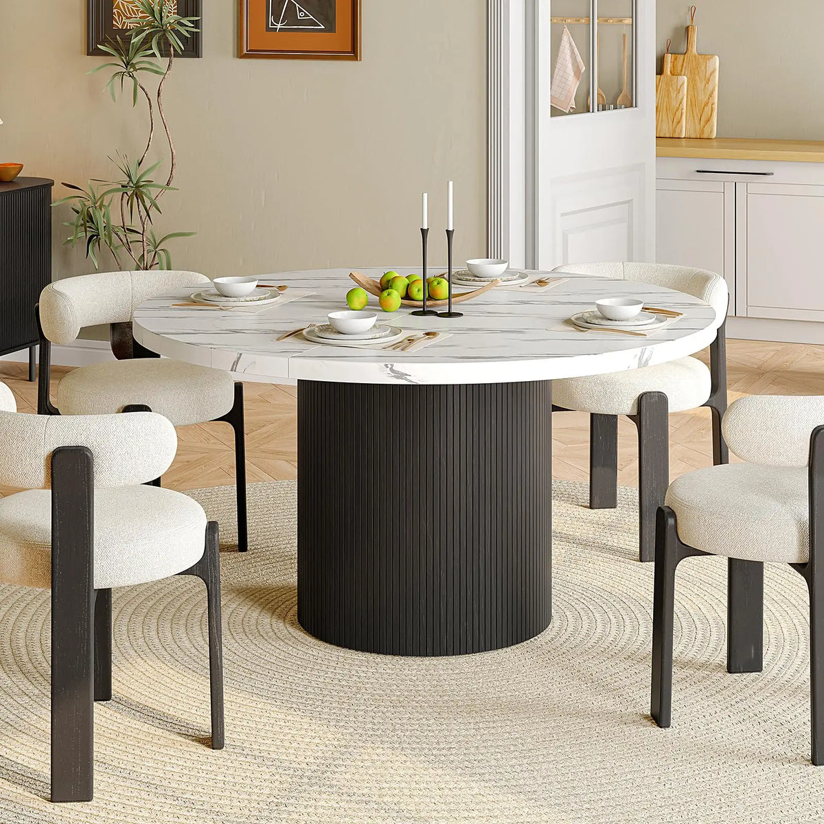 Duskwhisper marble-texture round dining table with black fluted pedestal
