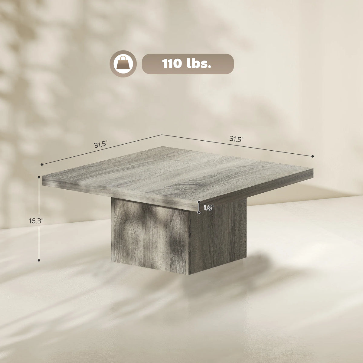 Asterecho dimensions showing 31.5-inch square top, 16.3-inch height, 1.6-inch tabletop thickness, and 110-lb capacity