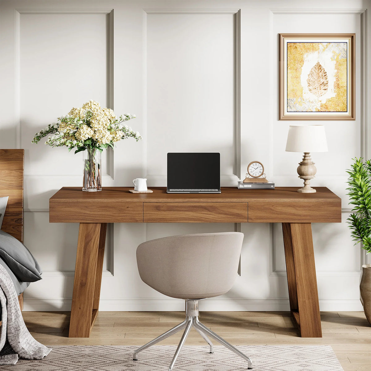 Irisarc desk with closed center drawer in a bedroom work area