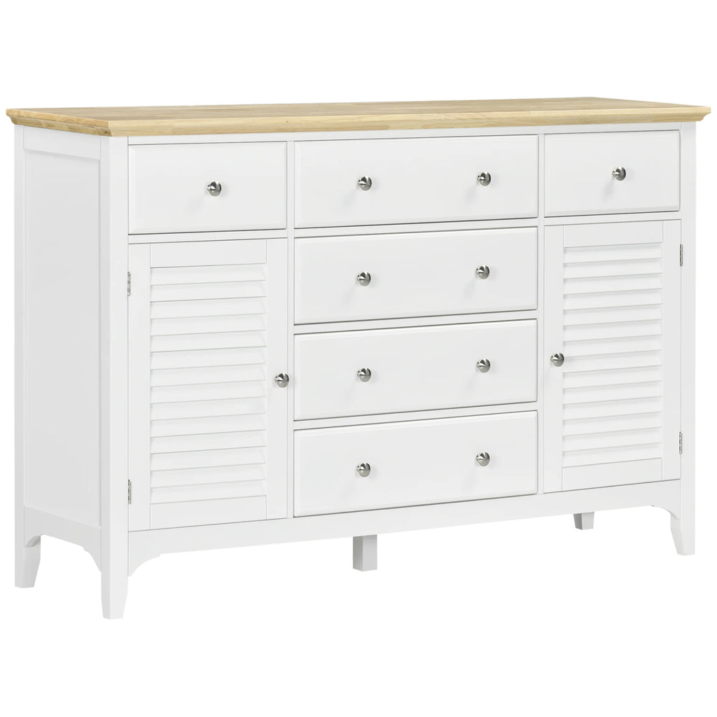 White Florabloom louvered sideboard with six drawers and a natural wood top
