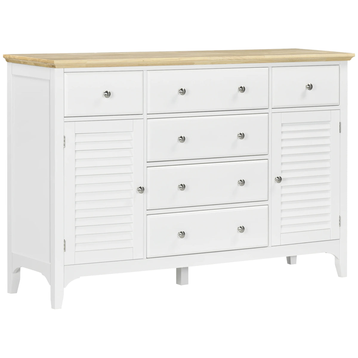 White Florabloom louvered sideboard with six drawers and a natural wood top