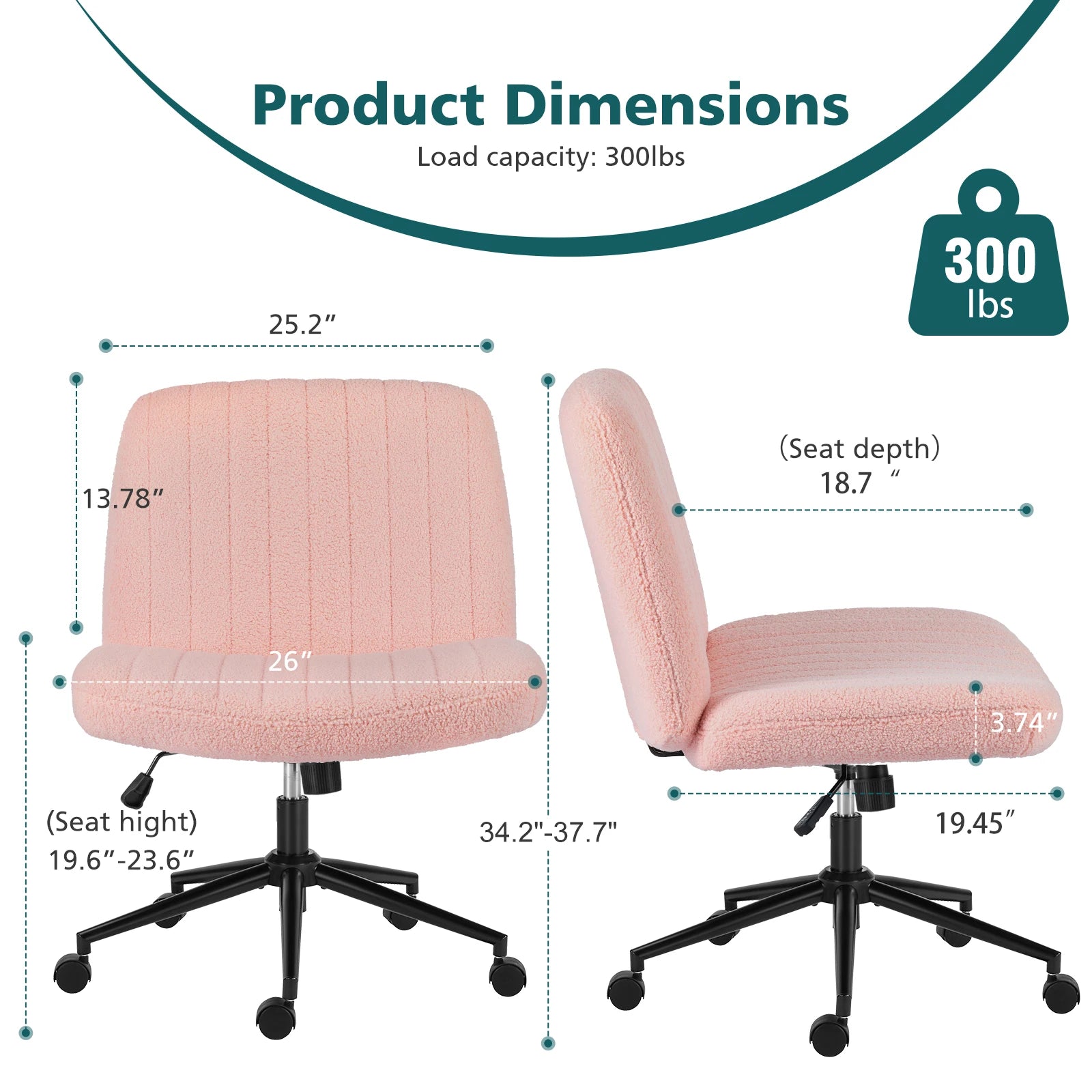 Pink office chair with dimensions and load capacity information on a white background