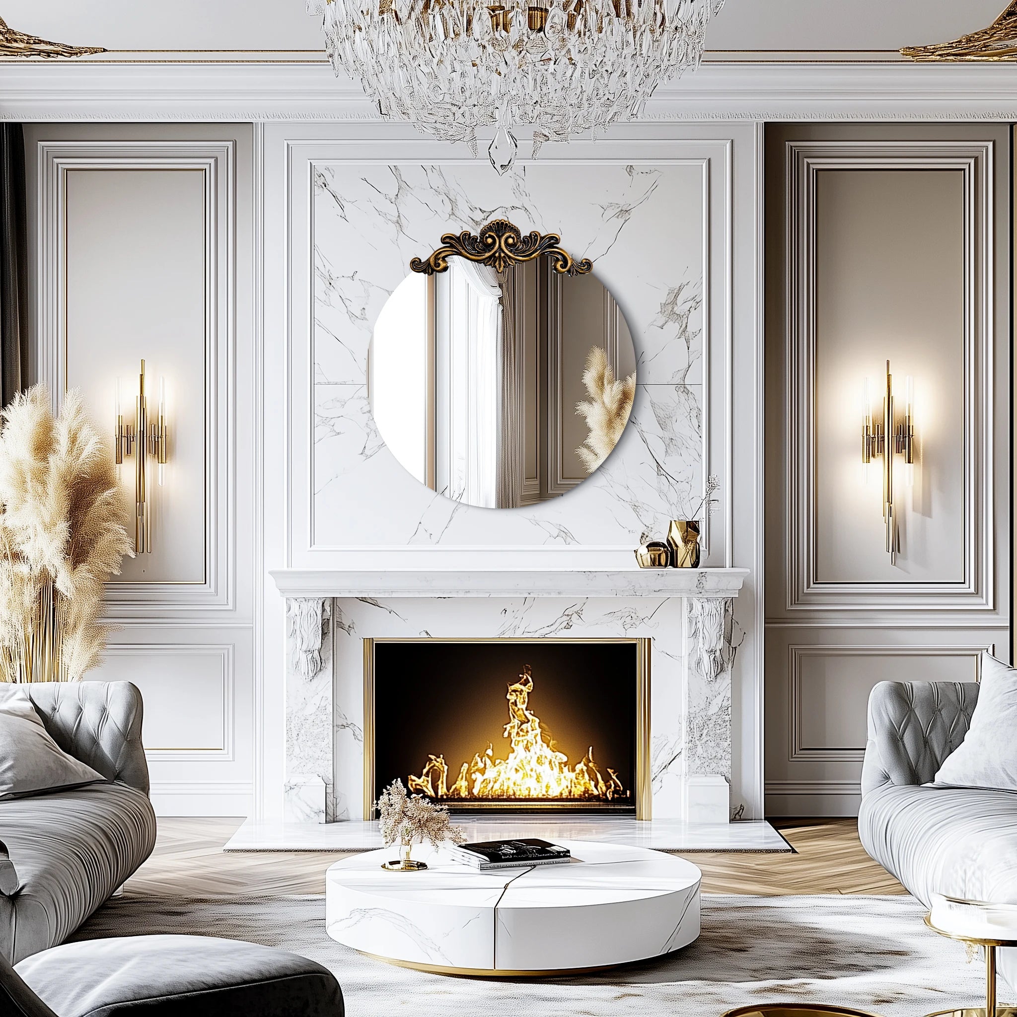 Oval & Round Baroque Wall Mirror with Ornate Crest