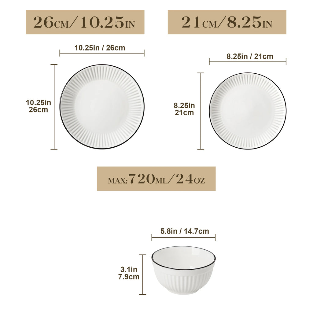 MALACASA LEILA Porcelain Dinnerware Set – White or White with Black Rim, 12–32 Pieces