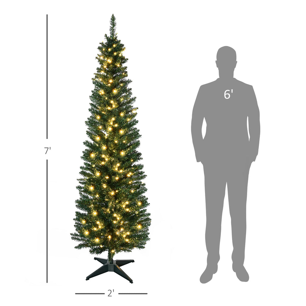 Lindenlight pencil Christmas tree dimension graphic showing 7 ft height and approximately 2 ft width.