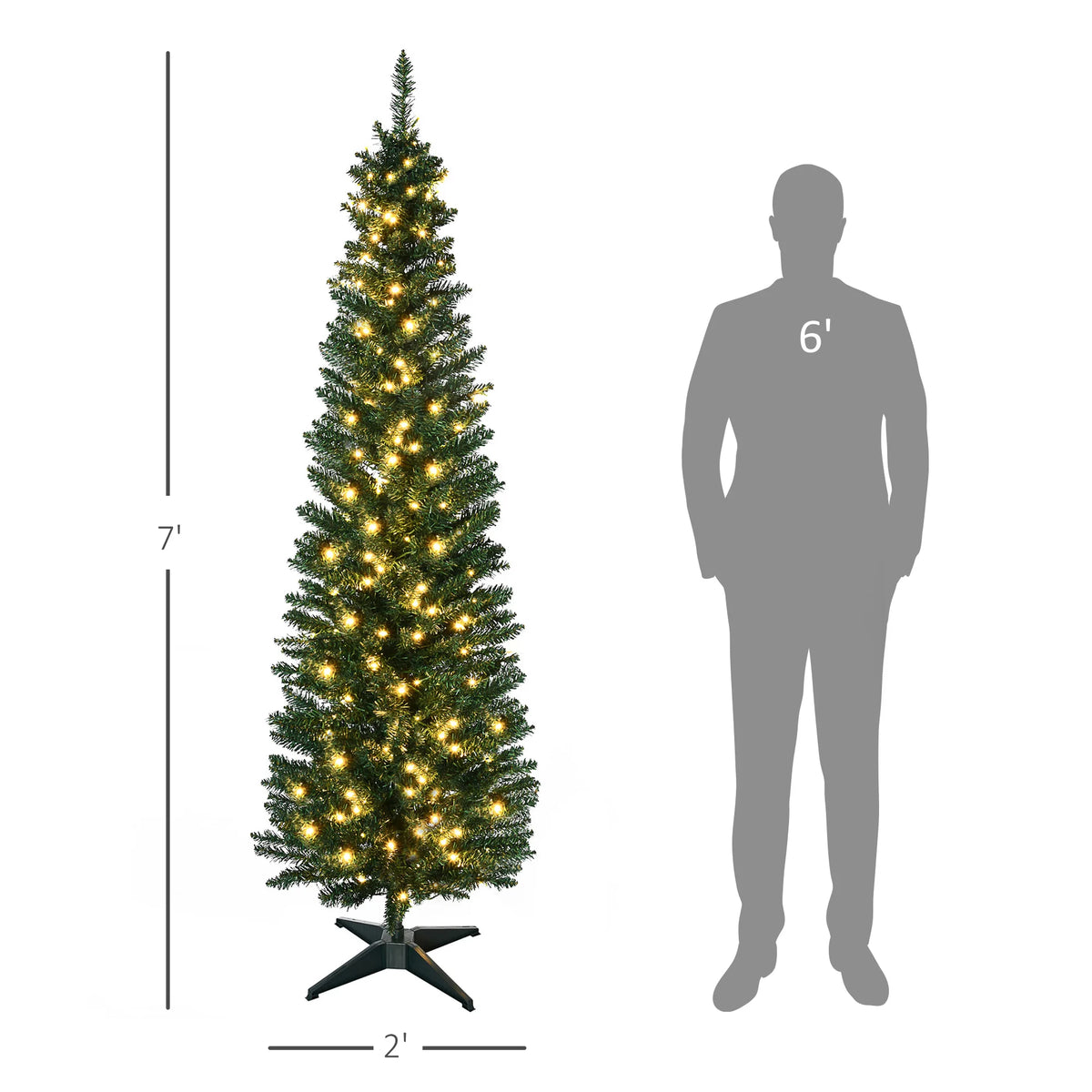 Lindenlight pencil Christmas tree dimension graphic showing 7 ft height and approximately 2 ft width.