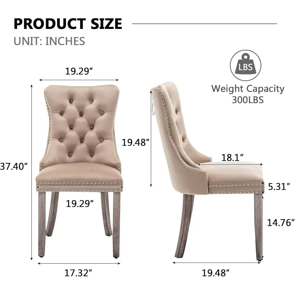 Beige upholstered chair with dimensions and weight capacity label on a white background
