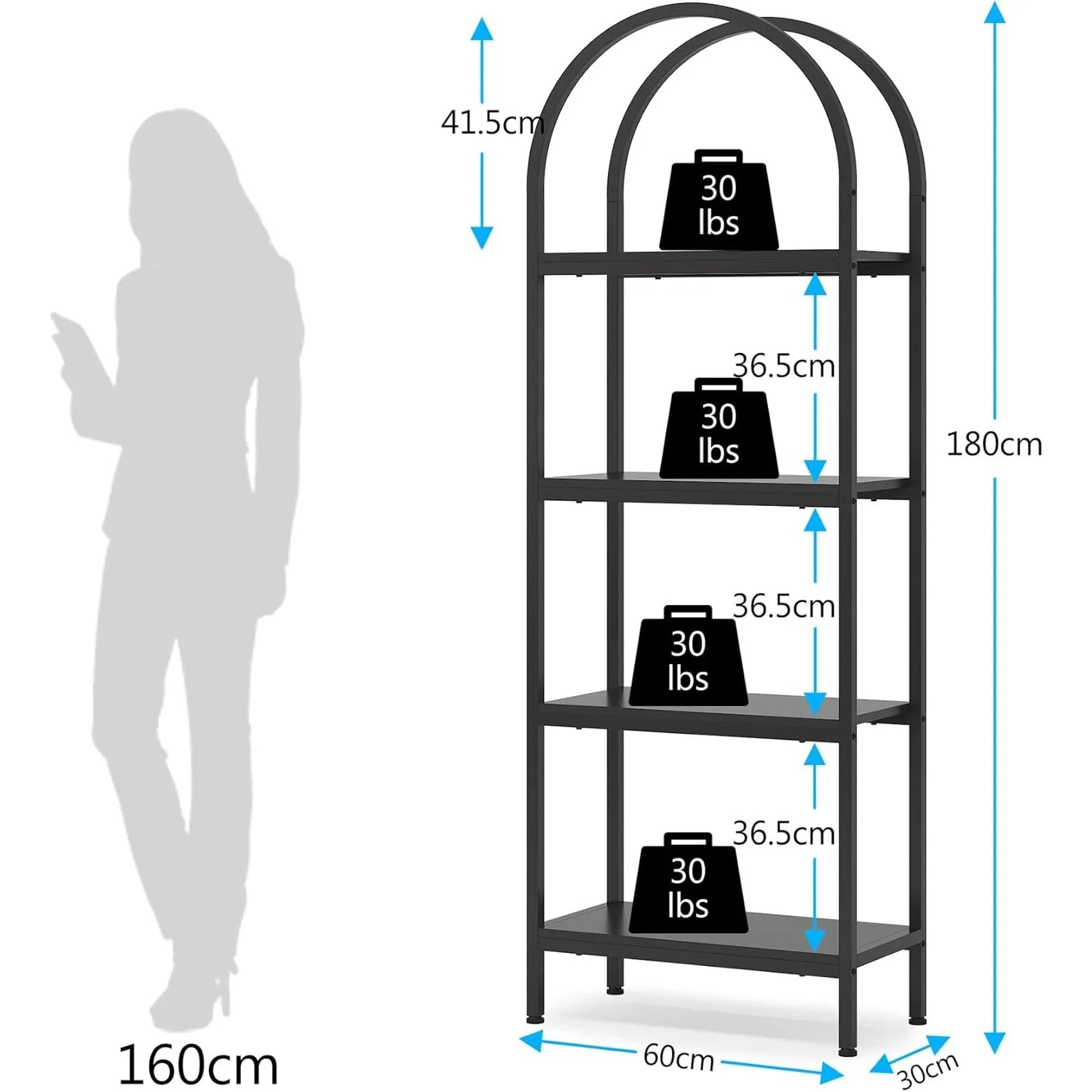 Black metal shelf with dimensions and weight capacity indicators, shown with a silhouette of a person for scale.