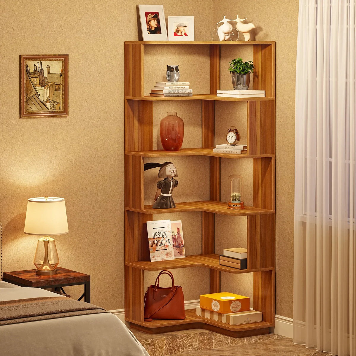 Hazelsong dimension image showing 23.62-inch corner footprint, 64.96-inch height, and shelf spacing