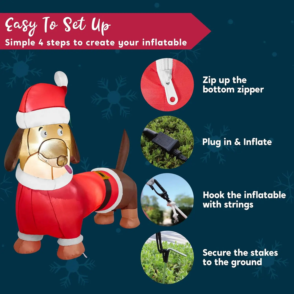 Wagglebright setup instructions showing zipper closure, inflation and ground anchoring.