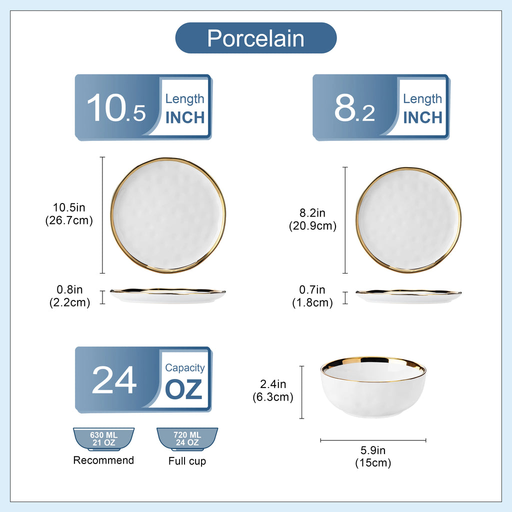 Measurement chart for porcelain plates and bowls with dimensions and capacity details.