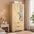 Natural wood-look wardrobe with a mirrored right door, decorative diagonal left-door trim, two drawers, and black handles.