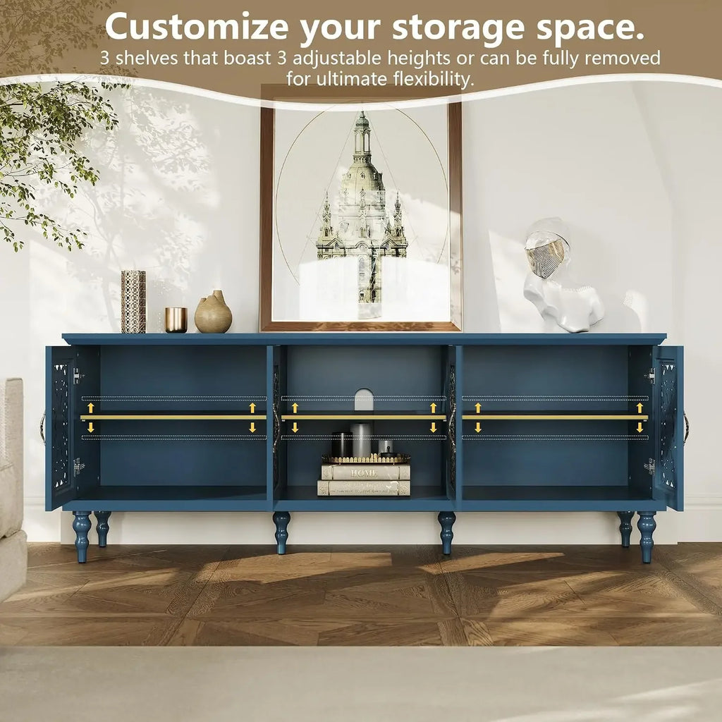 Deep blue Gildleaf carved media console with adjustable shelves and open side doors