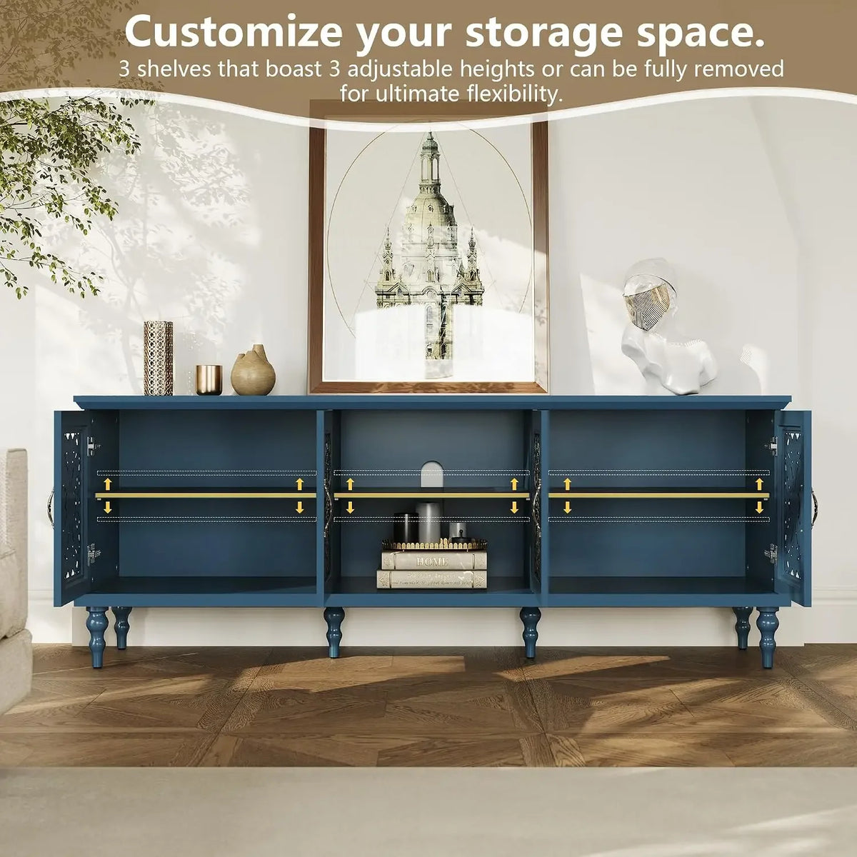 Deep blue Gildleaf carved media console with adjustable shelves and open side doors