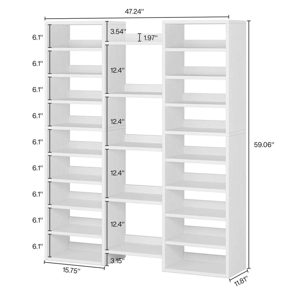 White bookshelf with dimensions labeled on a white background