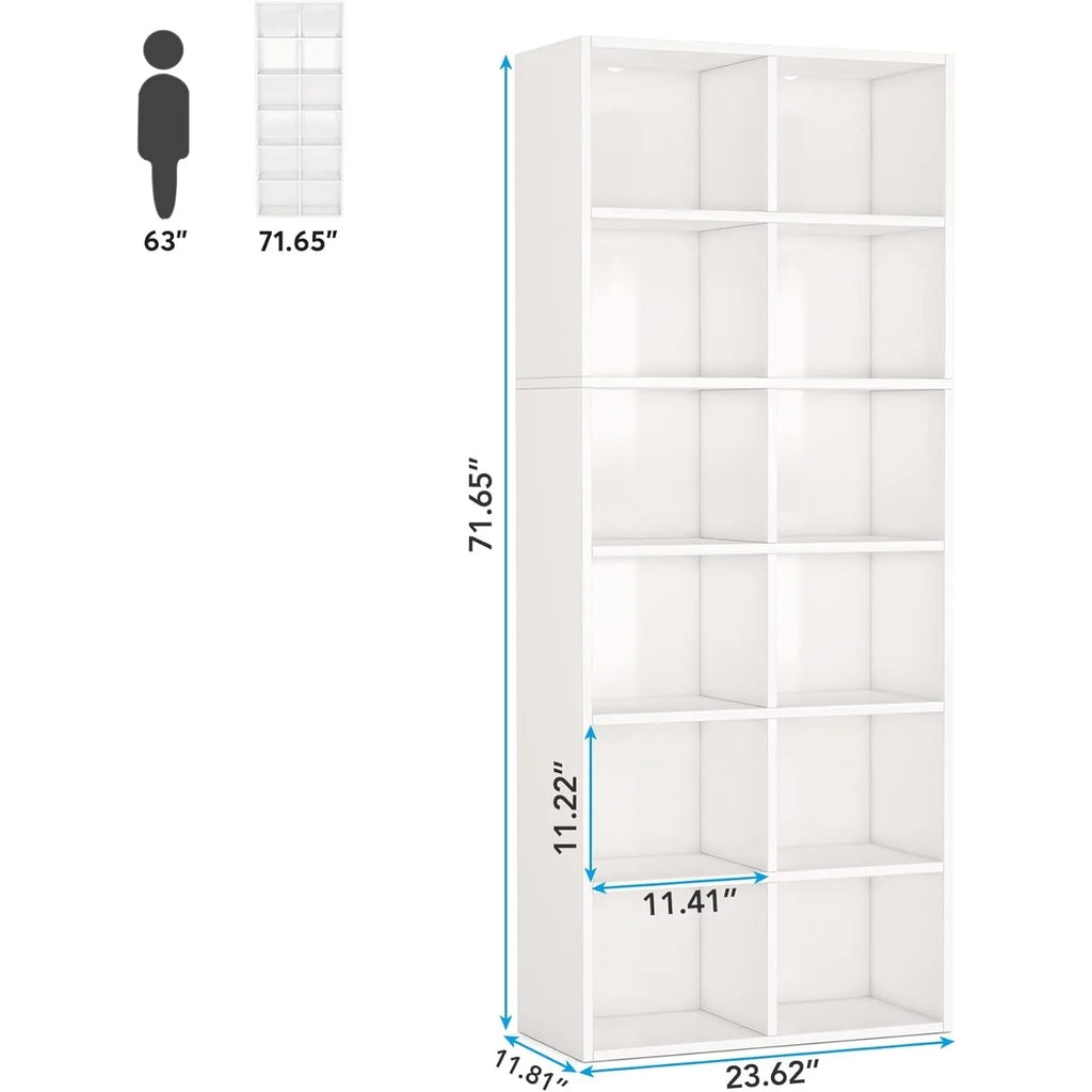 White bookshelf with dimensions indicated on a white background