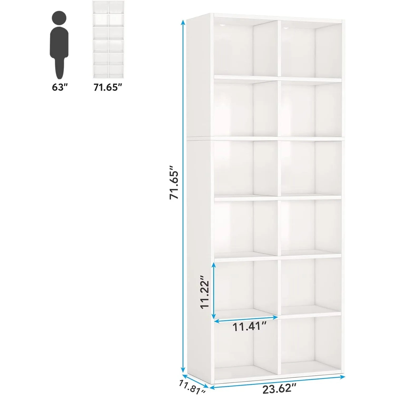 White bookshelf with dimensions indicated on a white background