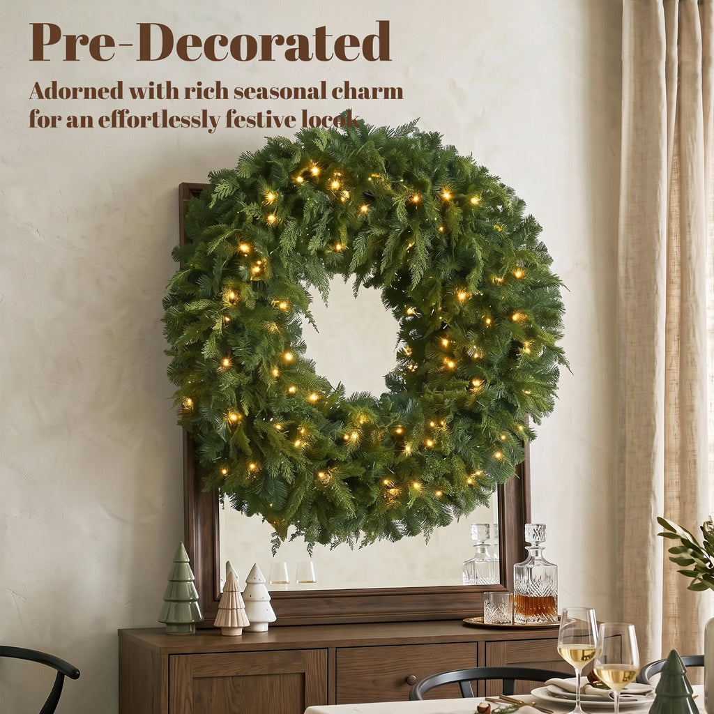 Cedarwick pre-lit wreath displayed as indoor holiday decor