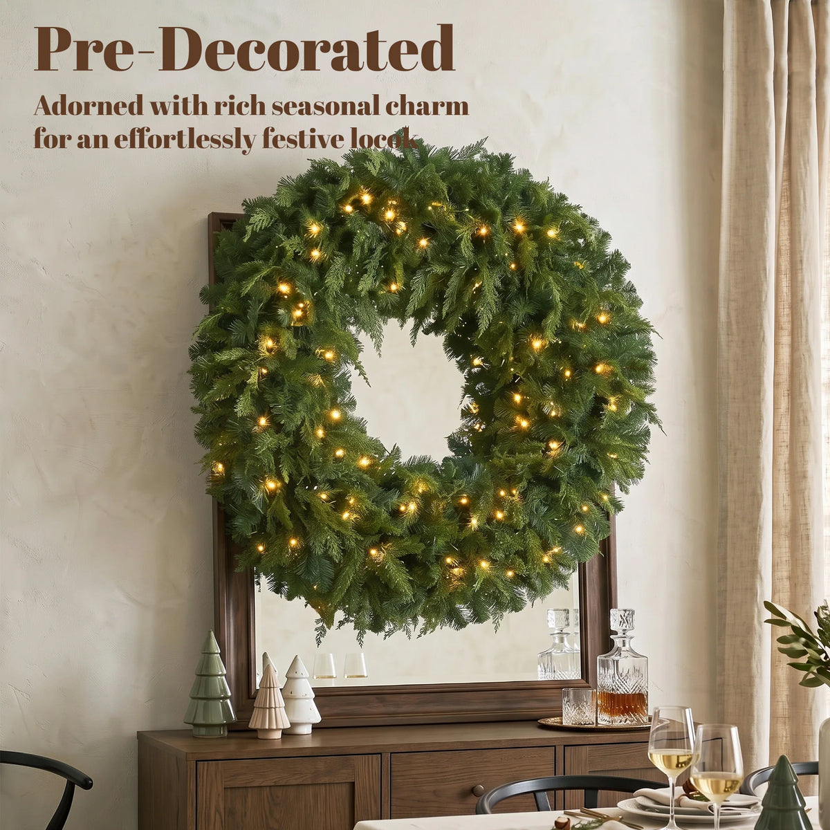 Cedarwick pre-lit wreath displayed as indoor holiday decor