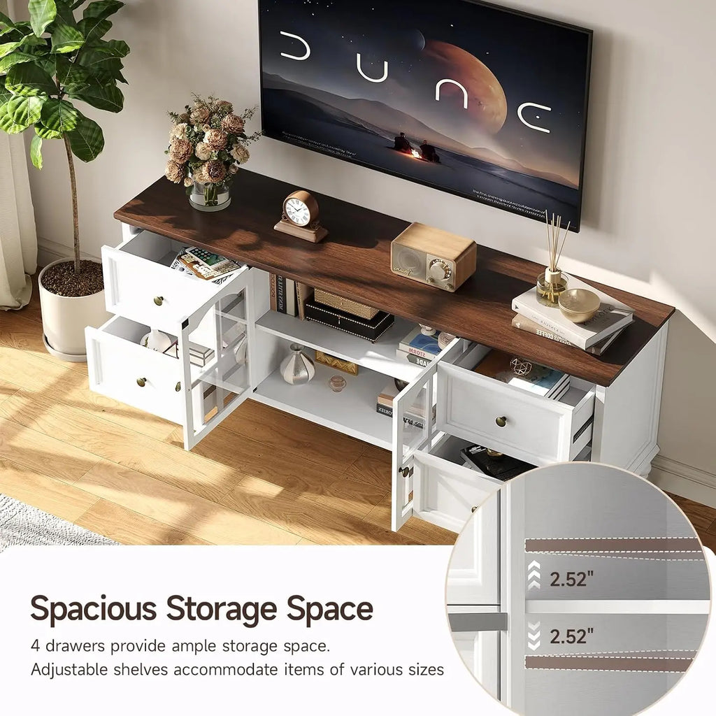 Fawnarc White TV stand with four drawers and two glass doors open, showing the adjustable central shelf.