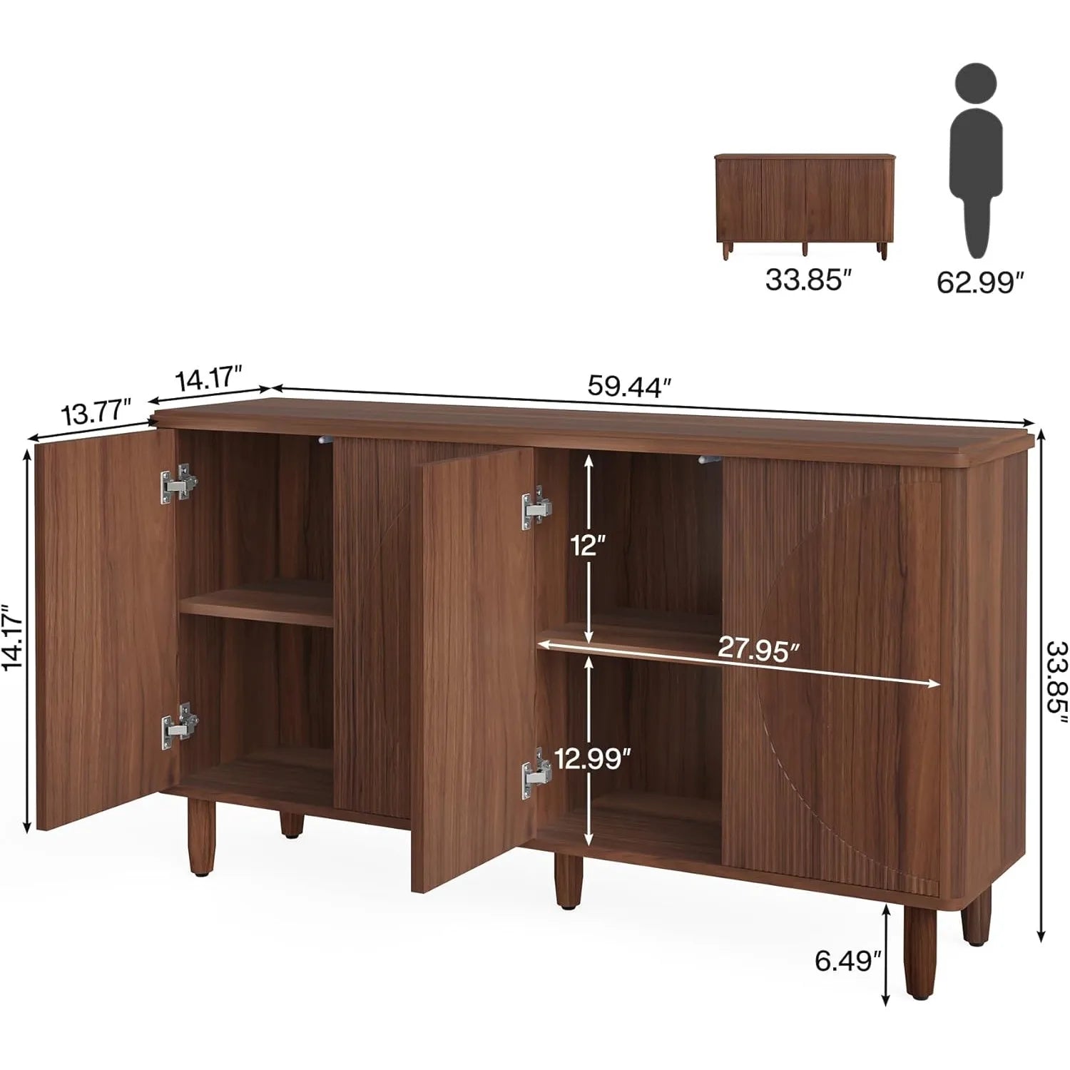 Wooden sideboard with dimensions labeled on a white background