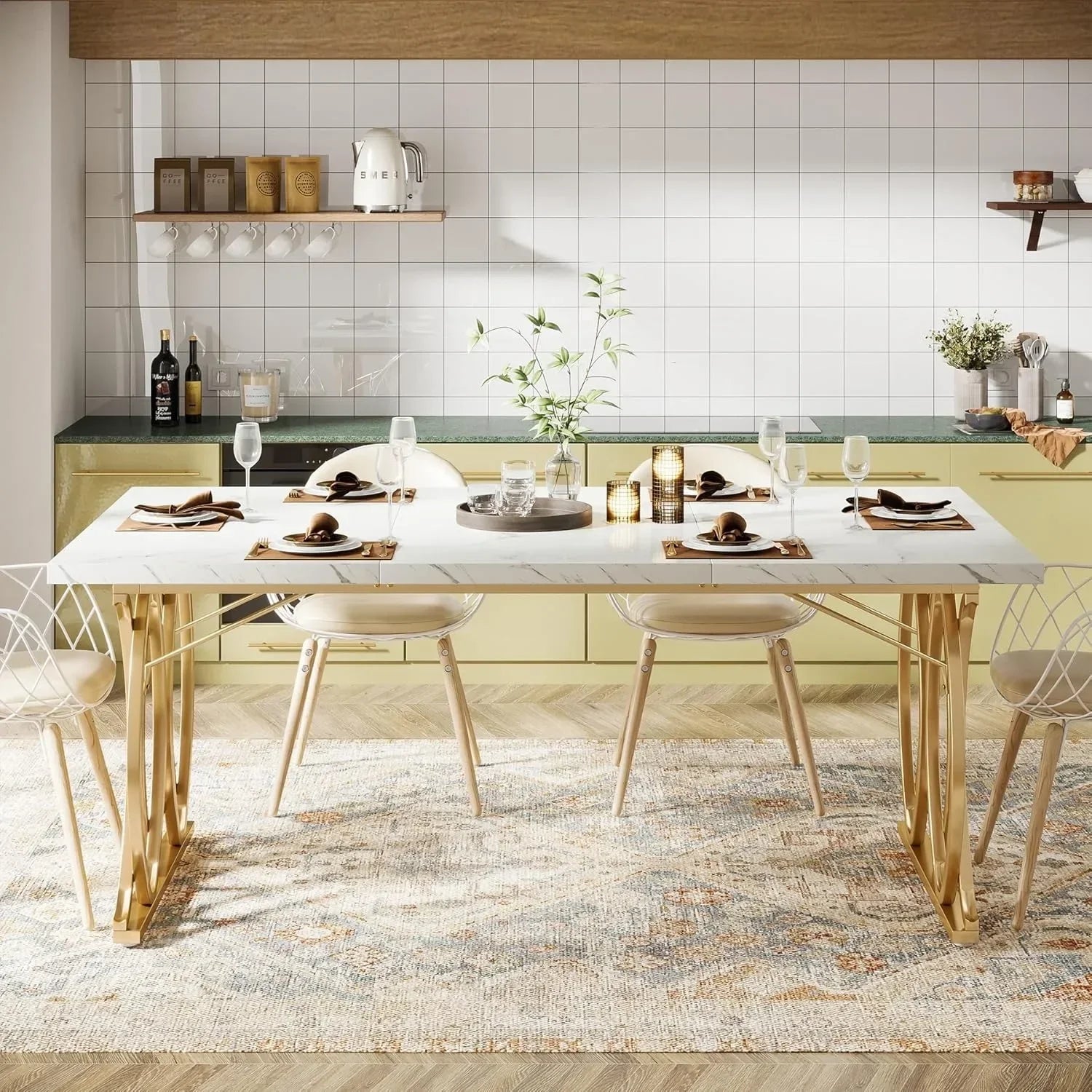 Modern Dining Table with Faux Marble Top