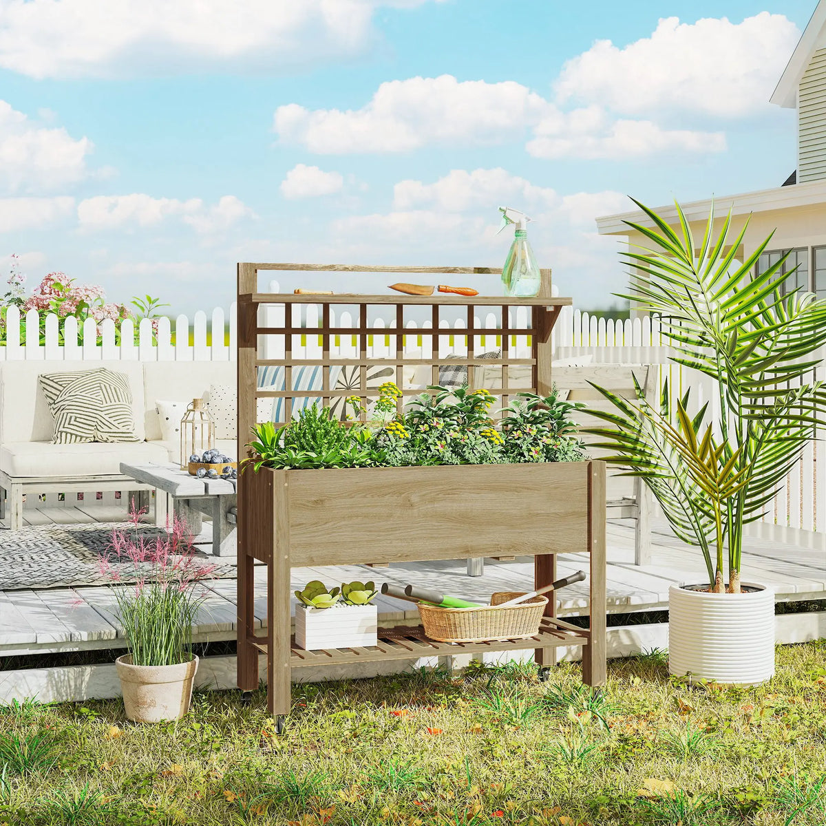 Briarwheel garden planter with storage shelving and trellis