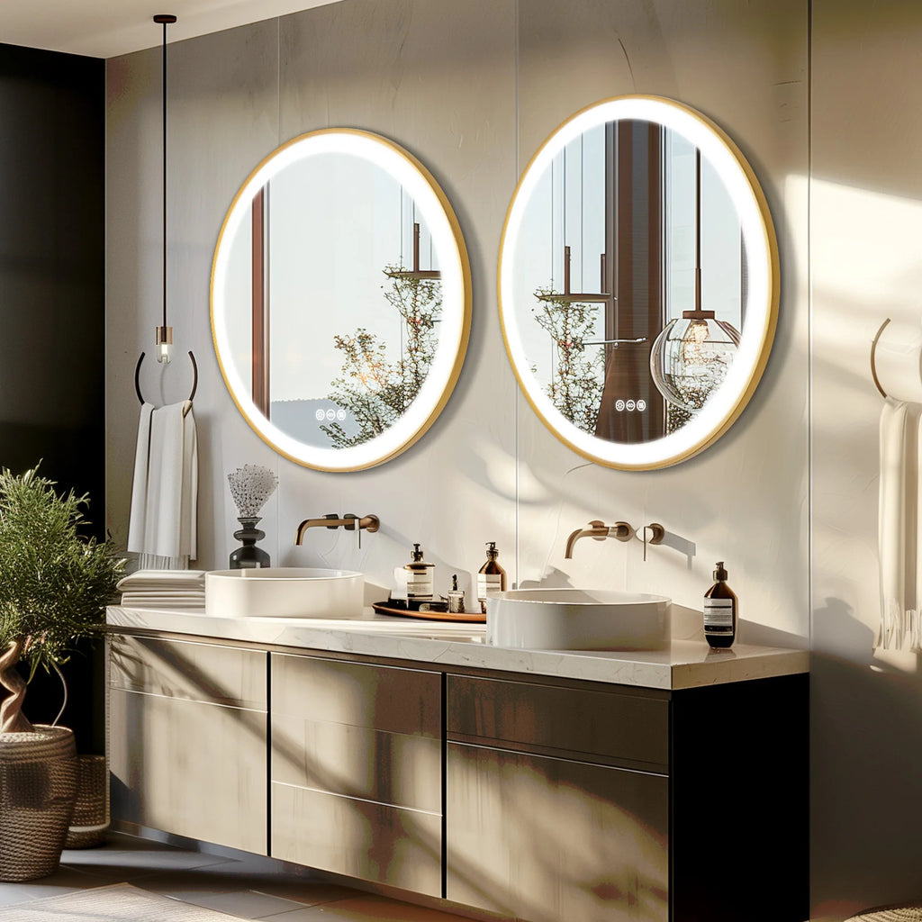 Round LED Bathroom Mirror – Gold Aluminum Frame, Anti-Fog