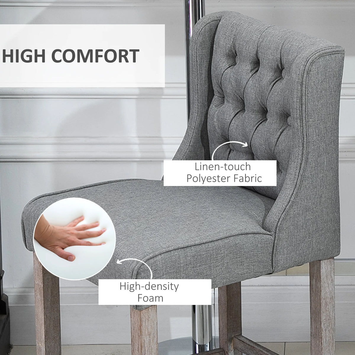 Tuftora upholstery detail identifying linen-touch polyester fabric and high-density foam