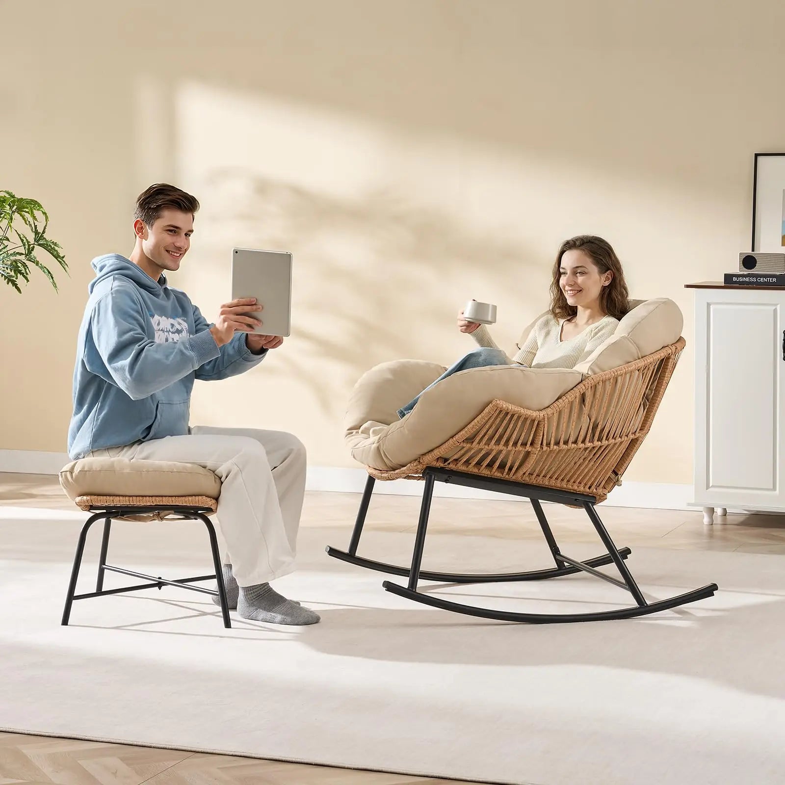 Harper Rattan Papasan Rocking Chair with Ottoman