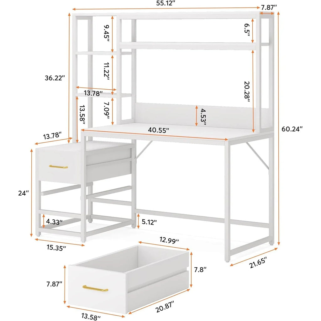 White desk with dimensions labeled on a white background