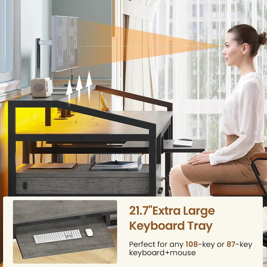 Side view of the raised monitor shelf and pull-out keyboard tray, labeled 21.7 inches wide.