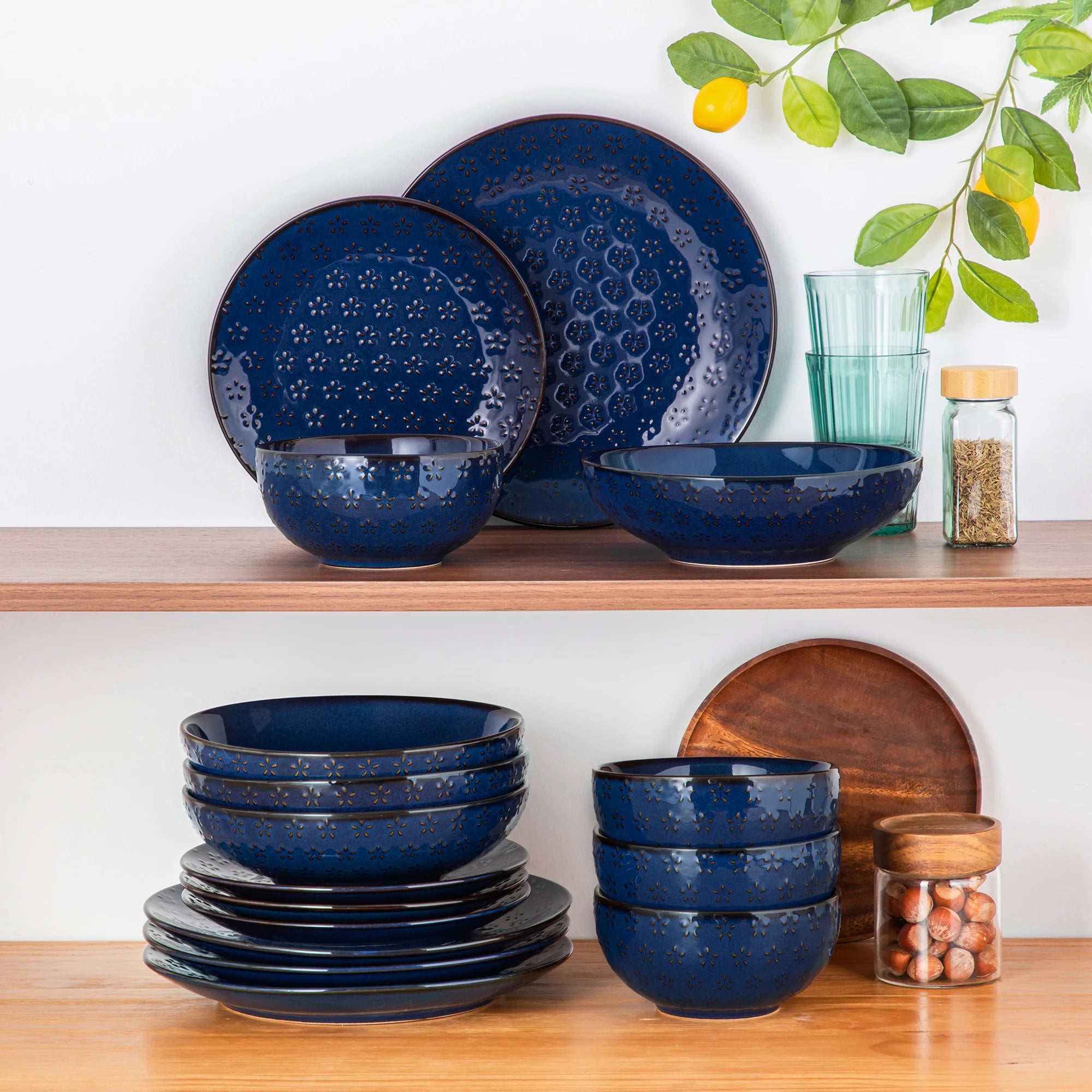 MALACASA Lydia Embossed Blue Stoneware Dinnerware