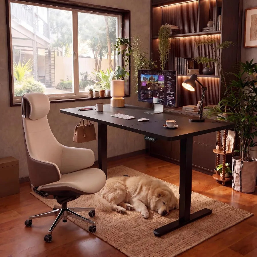 Home-office scene showing the black desk beside a chair and window