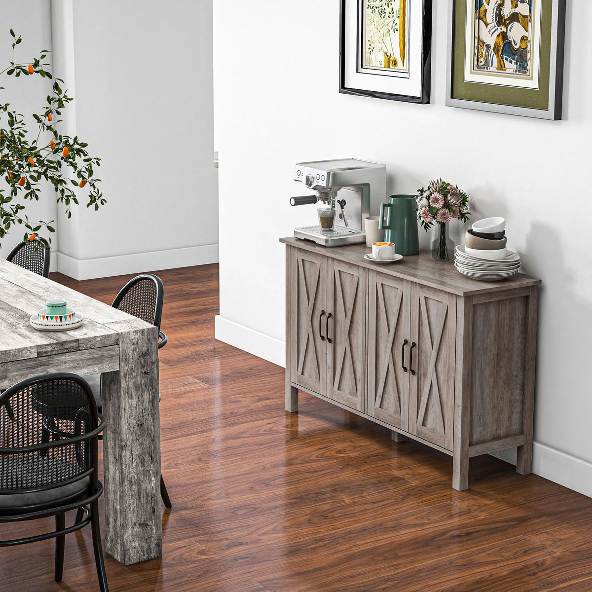 Silhouetteveil sideboard styled as a coffee station beside a dining table