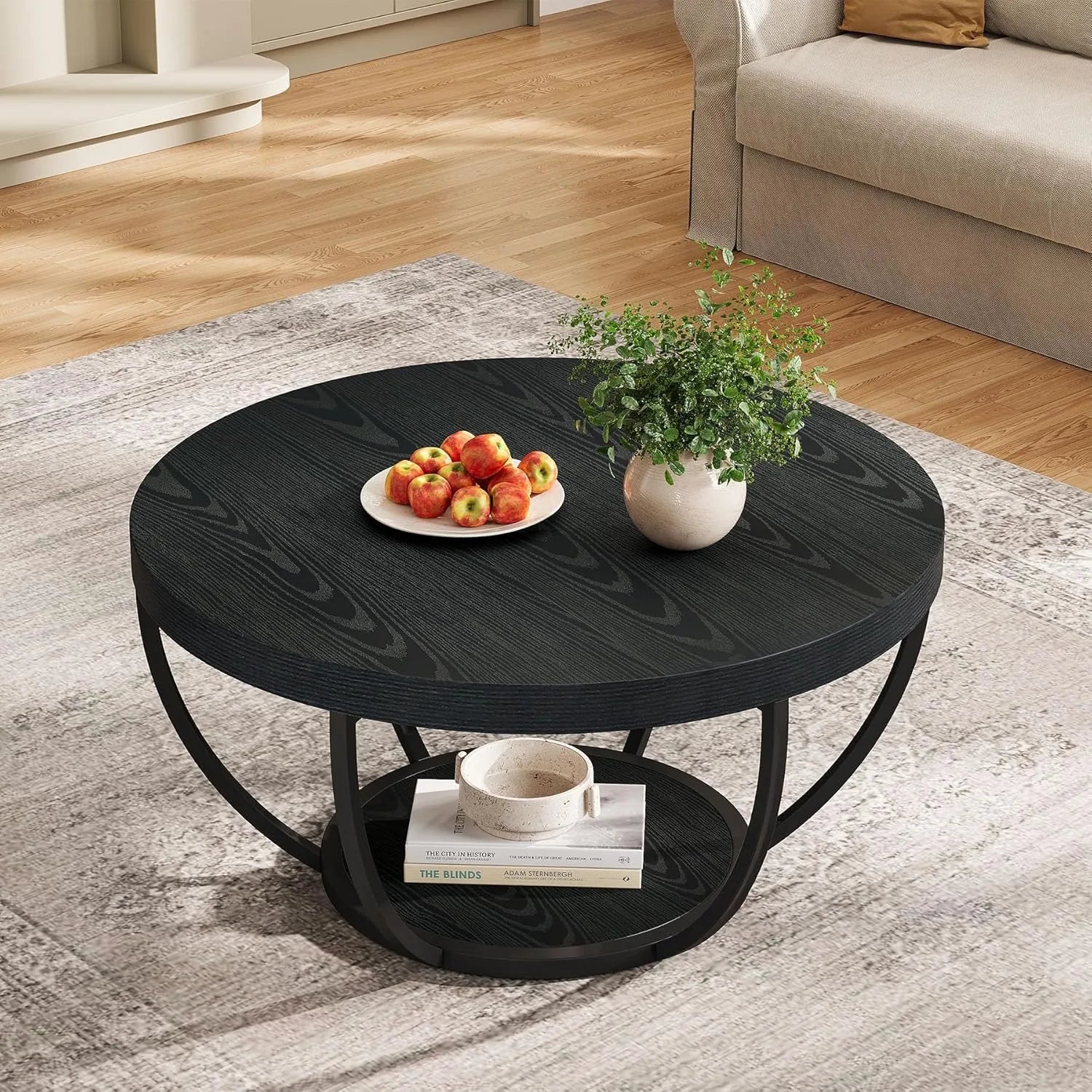 Black Round Coffee Table with Sculptural Frame