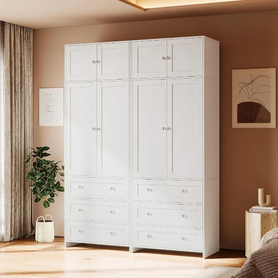 Paired white wardrobe room arrangement showing matching paneled fronts and clear knobs.