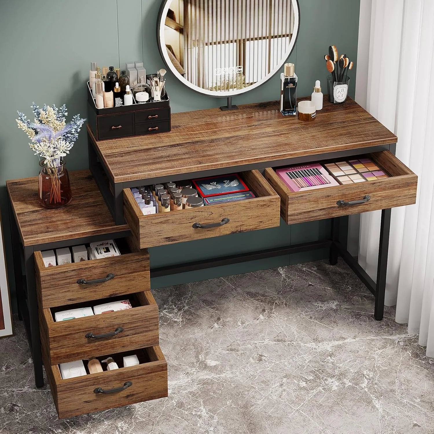 Rustic Industrial Vanity Desk with Drawer Storage