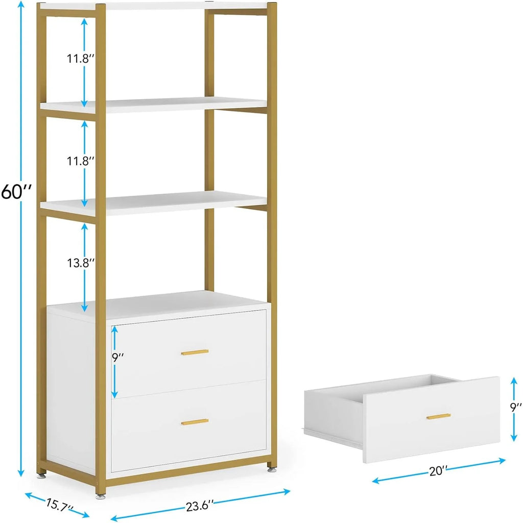 White bookshelf with gold accents and dimensions on a white background