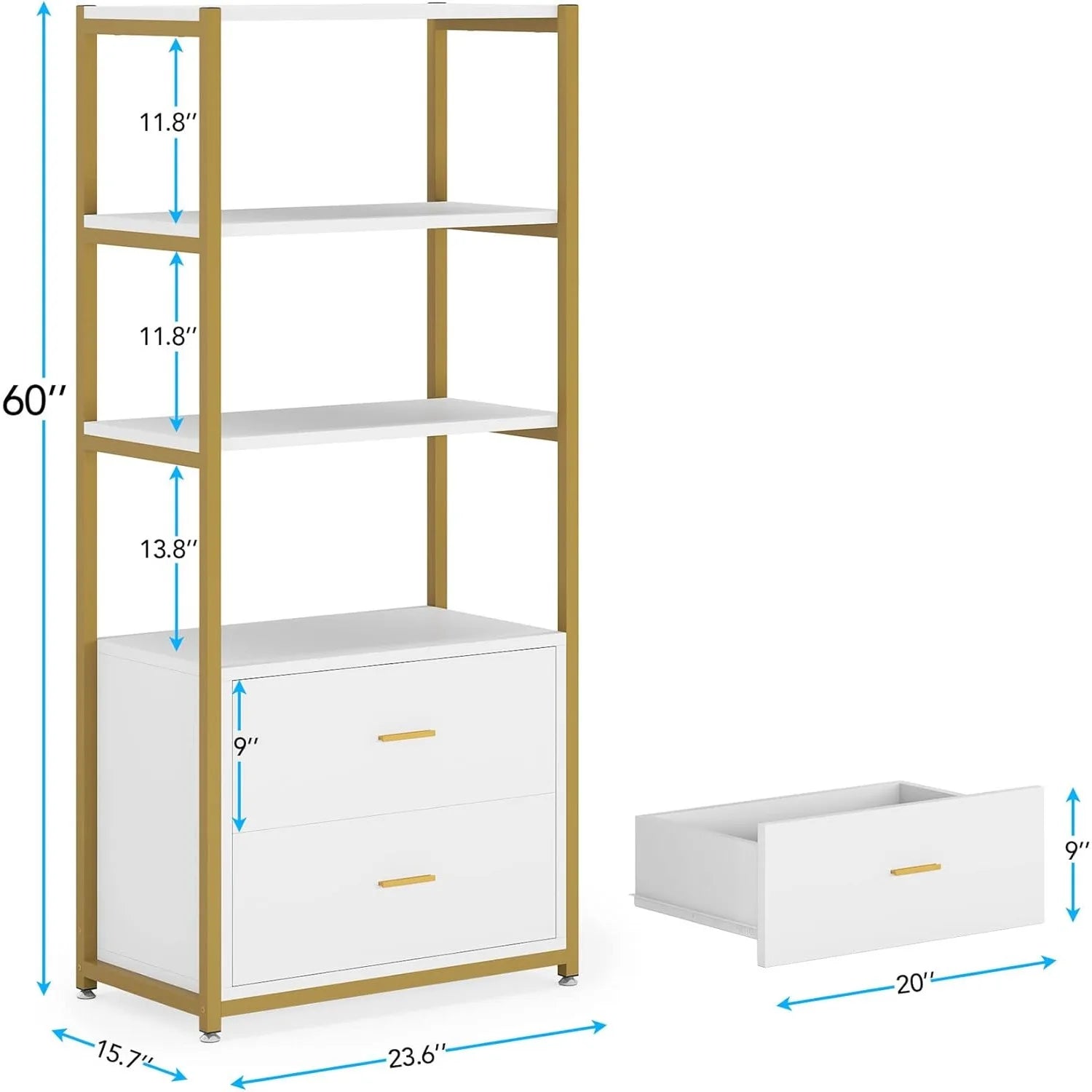 White bookshelf with gold accents and dimensions on a white background