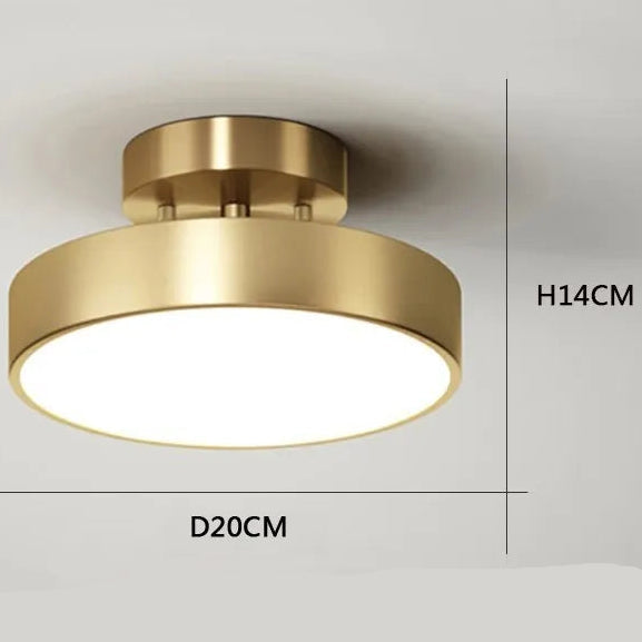 Gold ceiling light fixture with dimensions and specifications on a gray background