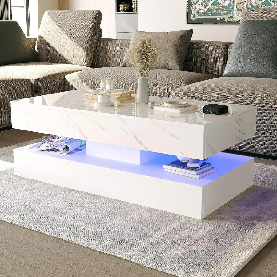 Glossy white marble-look coffee table with blue LED lighting and open lower shelf