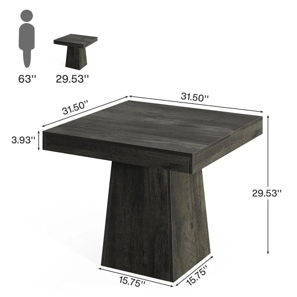 Dimensions of a dark wooden table with a person icon for scale on a white background