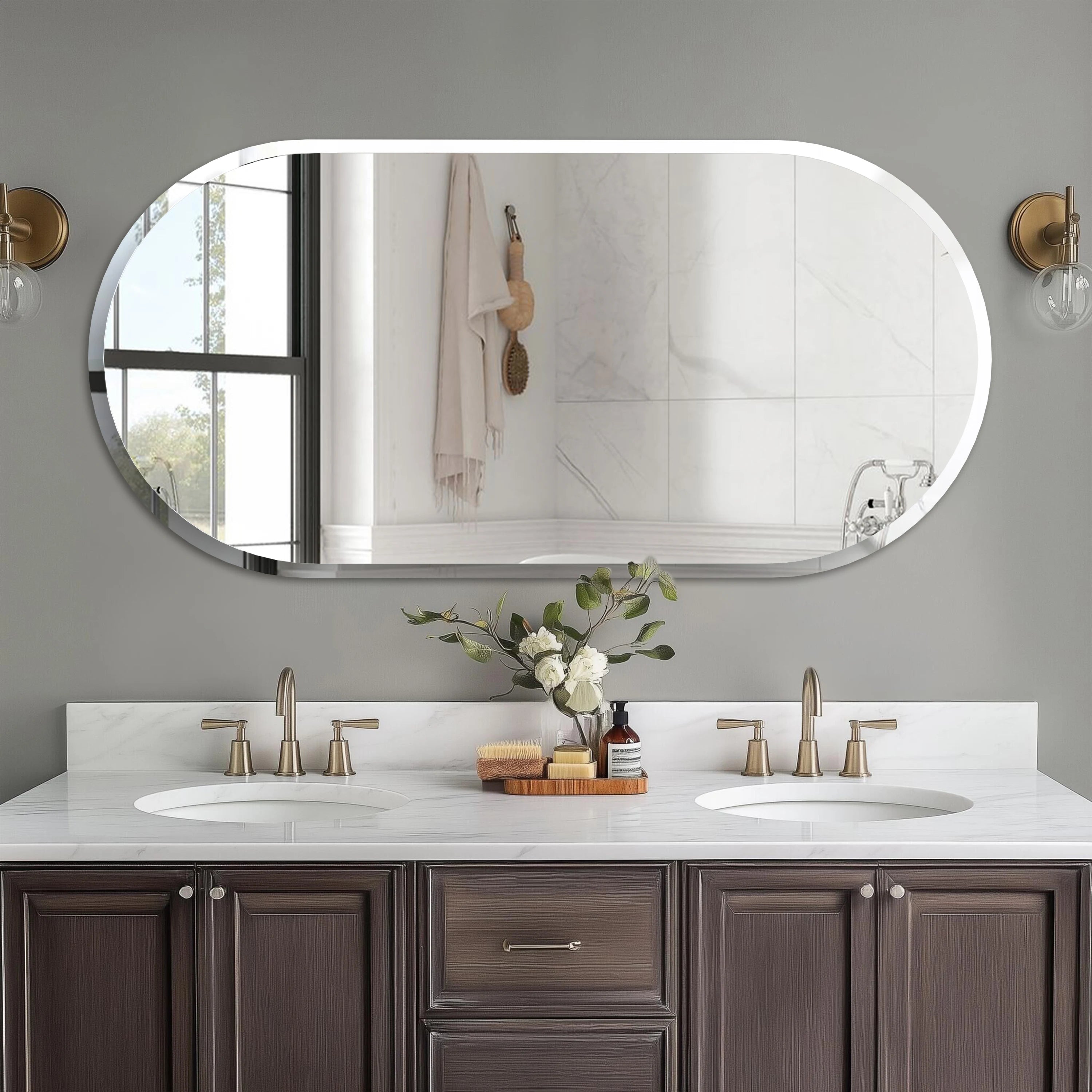Frameless Beveled Oval Wall Mirror – Polished Silver Finish