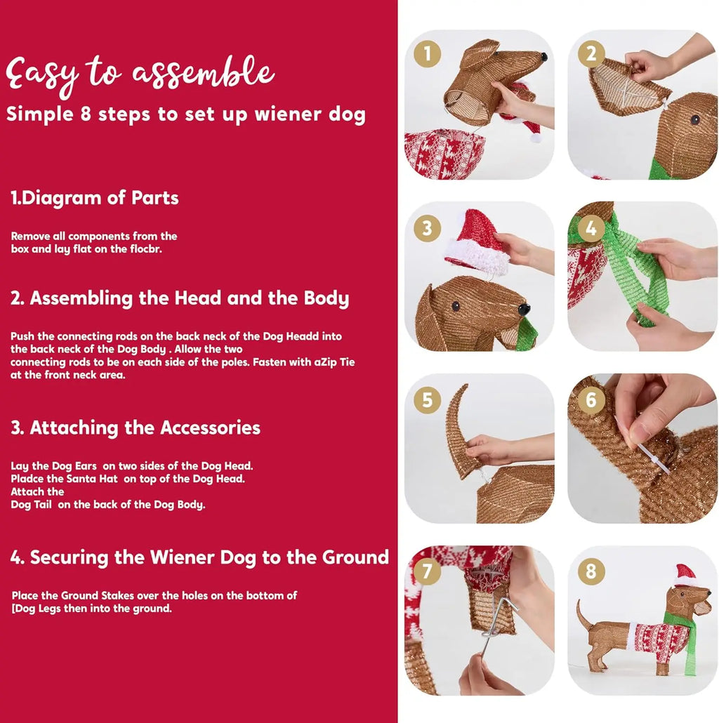 Kipwick eight illustrated steps for connecting the dachshund pieces, attaching accessories and securing the feet with stakes