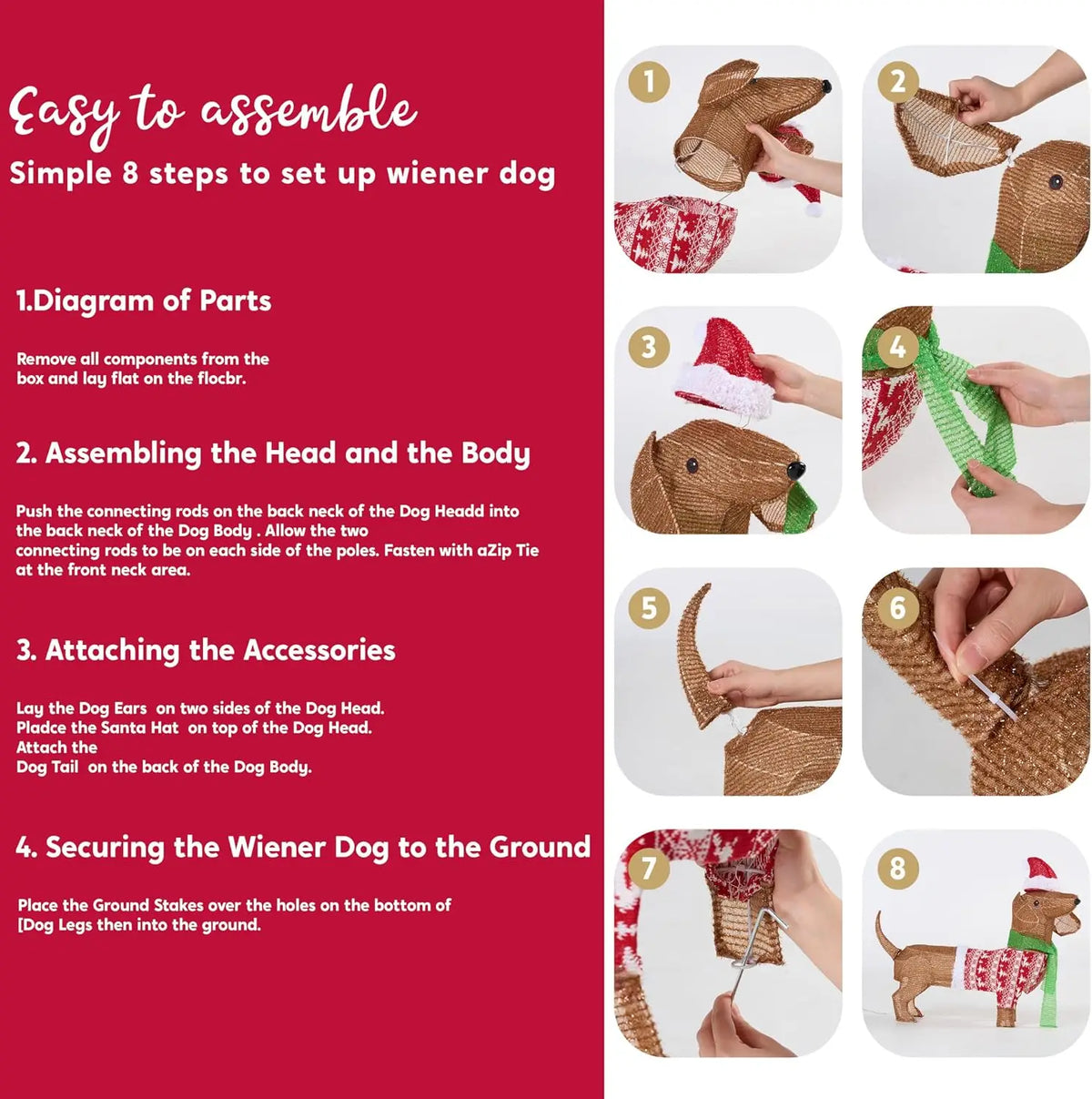 Kipwick eight illustrated steps for connecting the dachshund pieces, attaching accessories and securing the feet with stakes