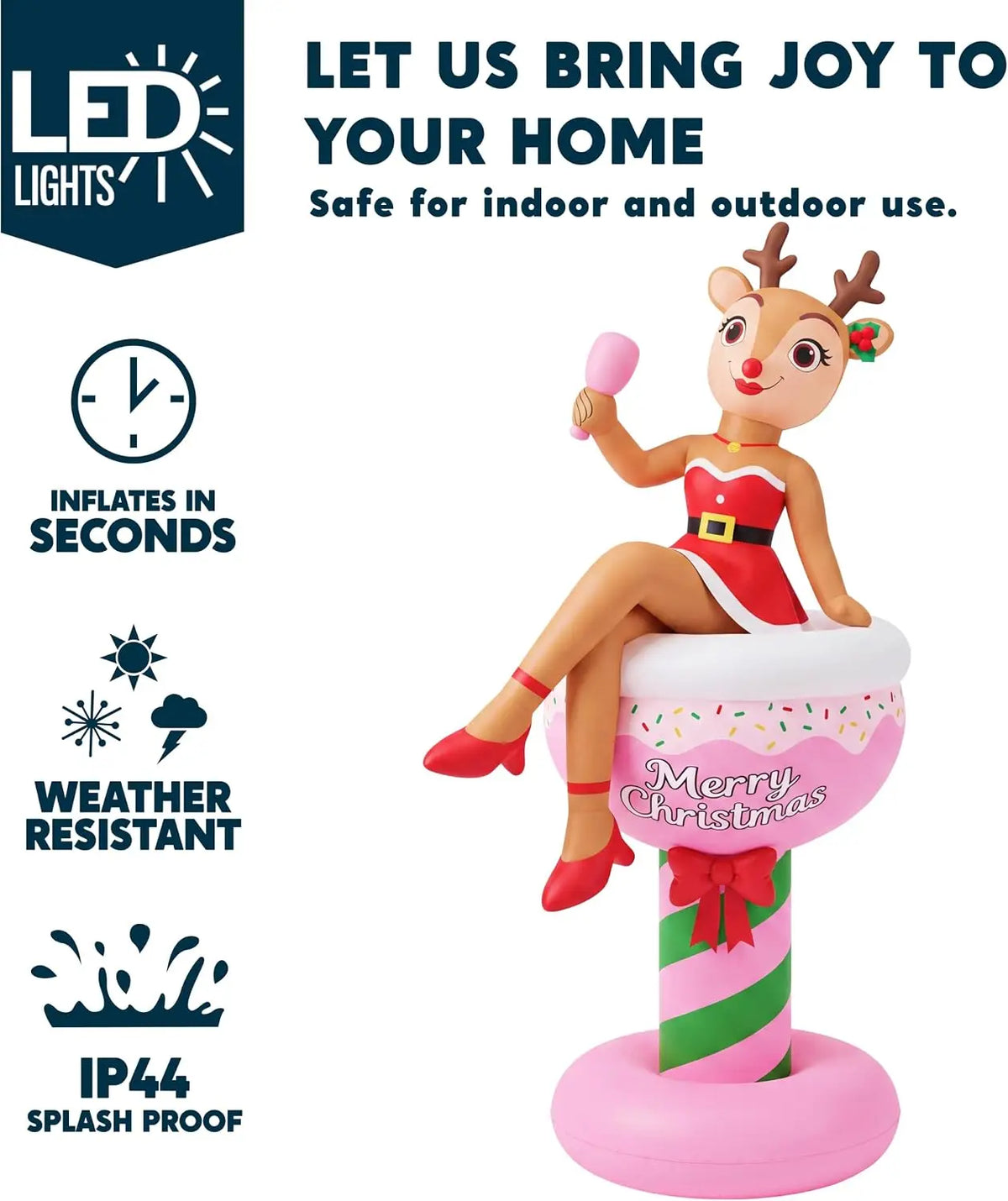 Fizzbelle reindeer in a red outfit with pink glass and green-and-white striped stem feature overview.